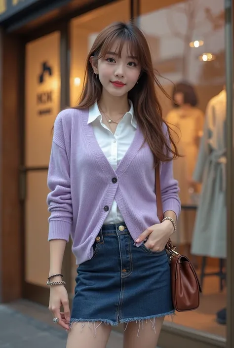 Standing and posing in front of a boutique in Roppongi, midday, from the front, looking at the viewer, (round face, baby face), charming smile, Japanese woman, (20yo), (beautiful eyes, light brown straight short hair, bangs, thin lips), (earrings, necklace...