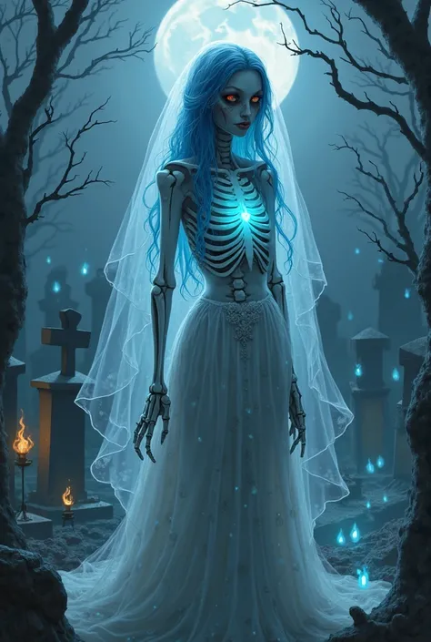 "Emily, the  Bride, the tragic yet enchanting character from  Bride, reimagined in a dark fantasy setting. Her delicate skeletal frame is draped in a tattered yet elegant wedding gown, its once-pristine white fabric now faded into an ethereal bluish hue. H...