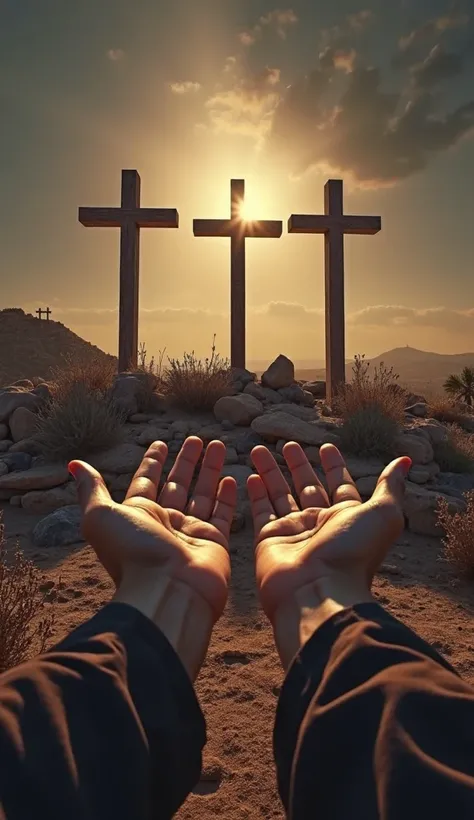 "First person view of the 3 empty crosses on Calvary (Golgotha) in the 1st century AD, showing the hands themselves outstretched in reverence. Around them, the rocky hill with dry bushes and stones, dark sky with a ray of light illuminating the cross. Torn...