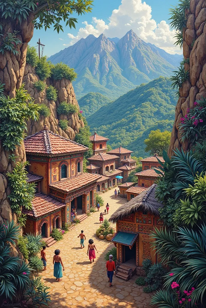 Expressionist oil painting,  landscape,Aztec village 