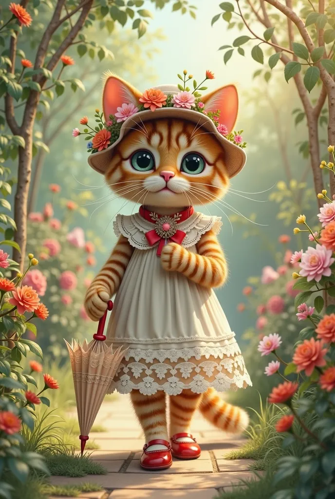 Mother cat in a cotton lace dress and a cap decorated with flowers and ribbons in red shoes and a guipure umbrella in her paws walks in a blooming sunny garden , Retro style