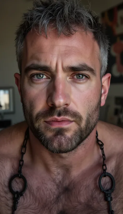 masterpiece, best quality, high resolution, portrait, male focus, solo focus, A man, 32 years old, with bdsm erotic clothes, bdsm latex suit, sligthly silver hair, wearing latex bdsm erotic clothes, hair, hairy forearms, messy hairstyle, cute and seductiv...