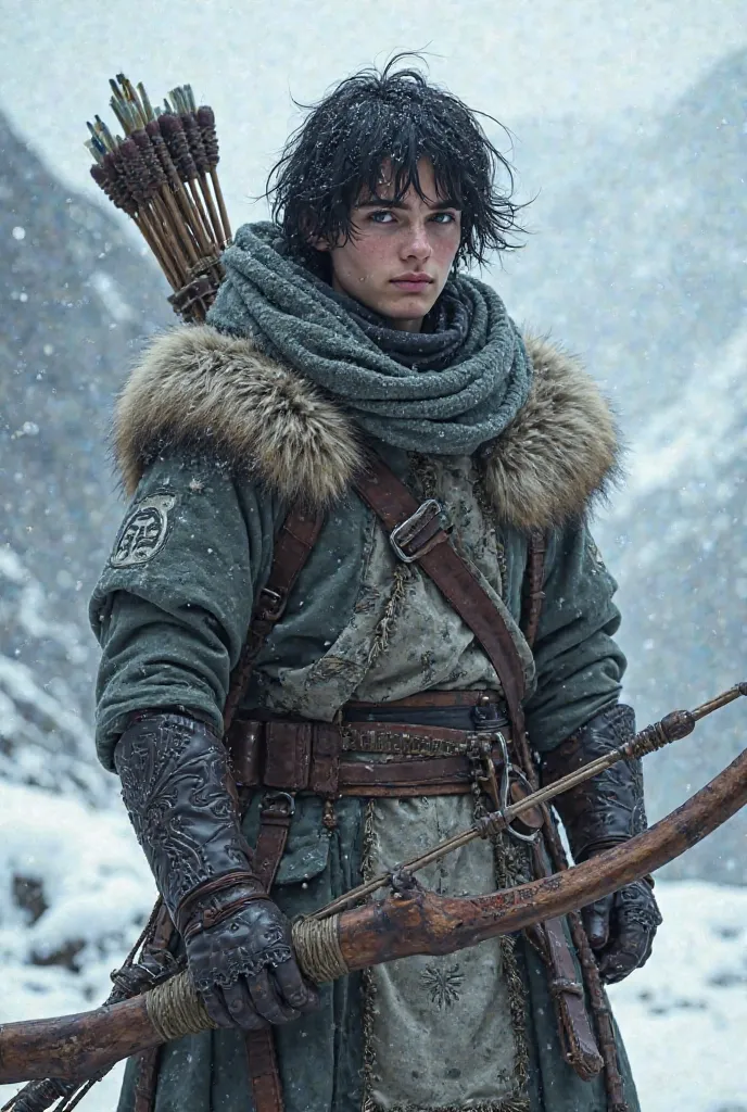 A young human from the Praeglacius tribe, At 20 years old and 1,78m high, is standing in a cold, snowy setting. Her skin is pale as ice and her black hair flutters in the icy wind. He wears cold-resistant hunter's clothing, made of leather and animal skins...