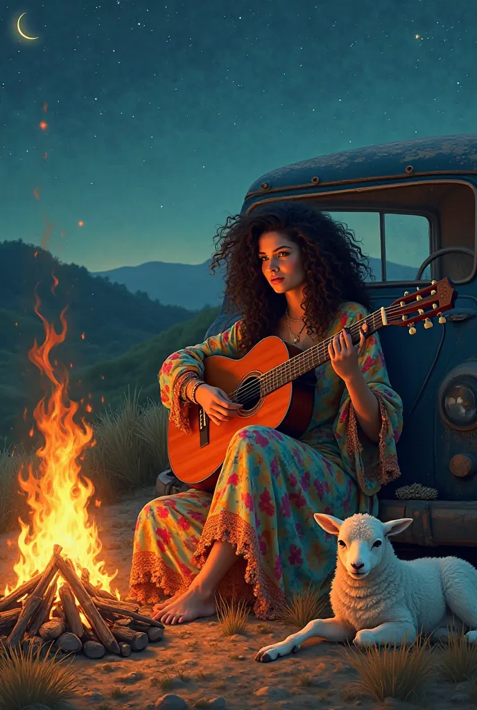 Gypsy woman with guitar,  and a car , A fire, and a lamb
