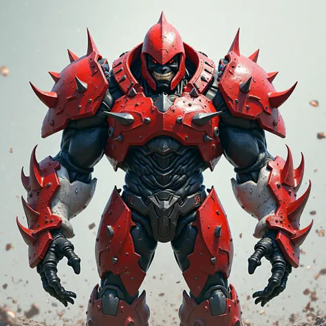 A black-skinned man wearing a red helmet  , And some black glasses and sharp teeth, wearing red armor and white arms,  of great stature 