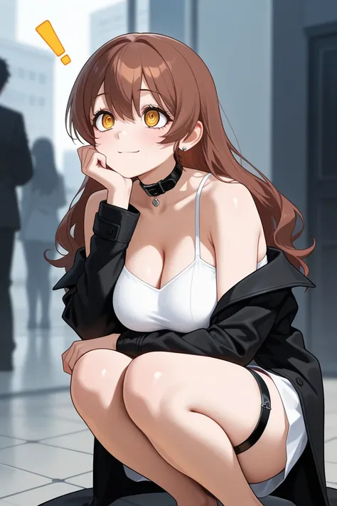 masterpiece, the best quality, amazing quality, !, high resolution,  newest ,  hyper detailed , 1 girl, dusty \( rough waves \), cabello verde, white dress,  black coat ,  thigh strap, extremely detailed eyes, (ringed eyes:1.2), yellow eyes,  colored limbs...