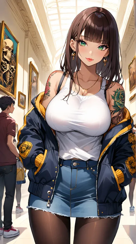 1girl,girl,solo,bishoujo,student,,brown_skin,tattoo,oil,curvy,slender,green eyes,color contact lenses,longeyelashes,mole under eye,thick lips,huge breasts,slender waist,camisole,letterman_jacket,denim_skirt,black_pantyhose,sneakers,number_tattoo,arm_tattoo...