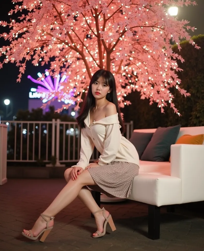 A Beautiful asian women with long black straight hair, 20 years old,sexy, wearing a cute, nightview,  nighttime, cat eye make-up, beautiful eyes ,  full body shot, sexy pose,  sexy pose, High resolution, selfie, good quality,  masterpiece, sexy pose,full b...