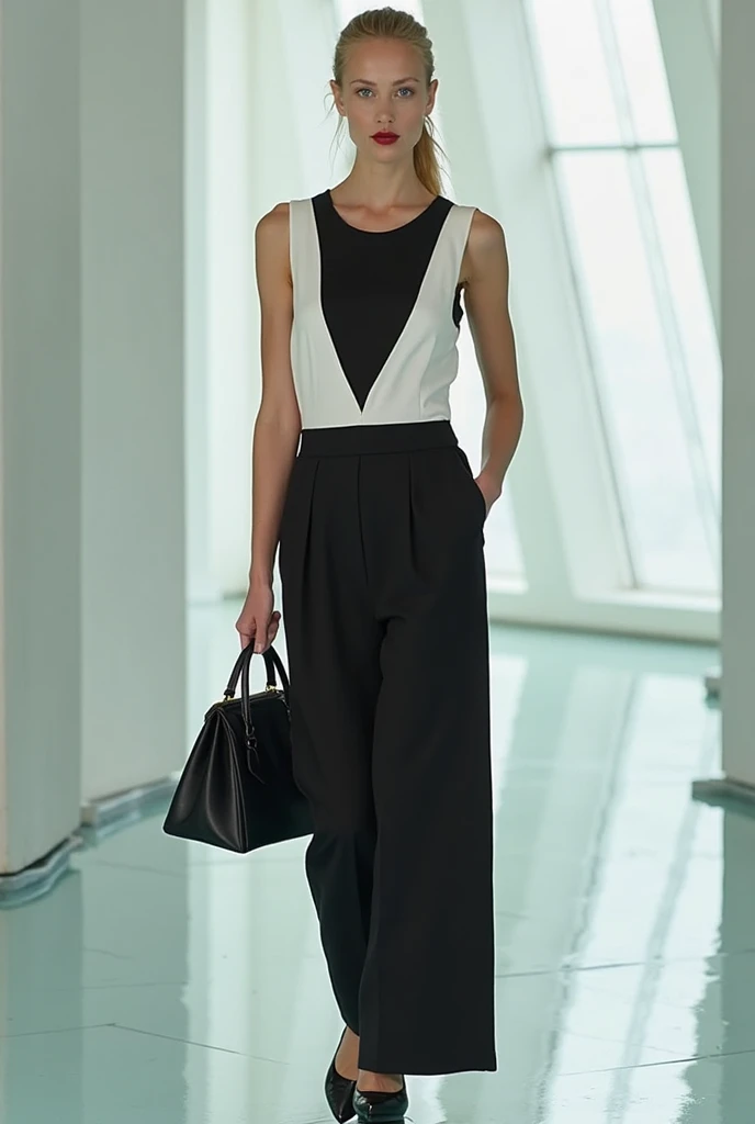 A front view Scandinavian model with full lips with blond silk press long hair ponytail wearing a black and white triangular neckline  jumpsuit with black cover heel holding a black triangular shaped handbag standing on a glass floor in  