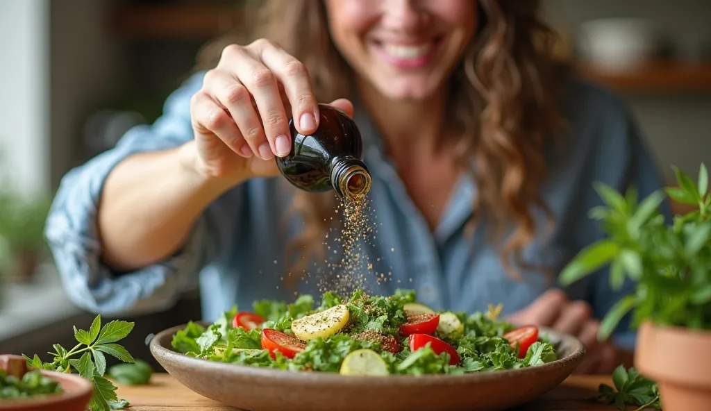 A person seasoning a salad with olive oil, balsamic vinegar, and fresh herbs, with a smile on their face. The scene is inviting and inspiring, showing the simplicity and pleasure of enhancing the flavor of food naturally.
