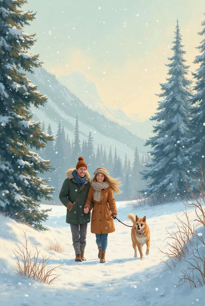 Couple walking in the snow and their dog