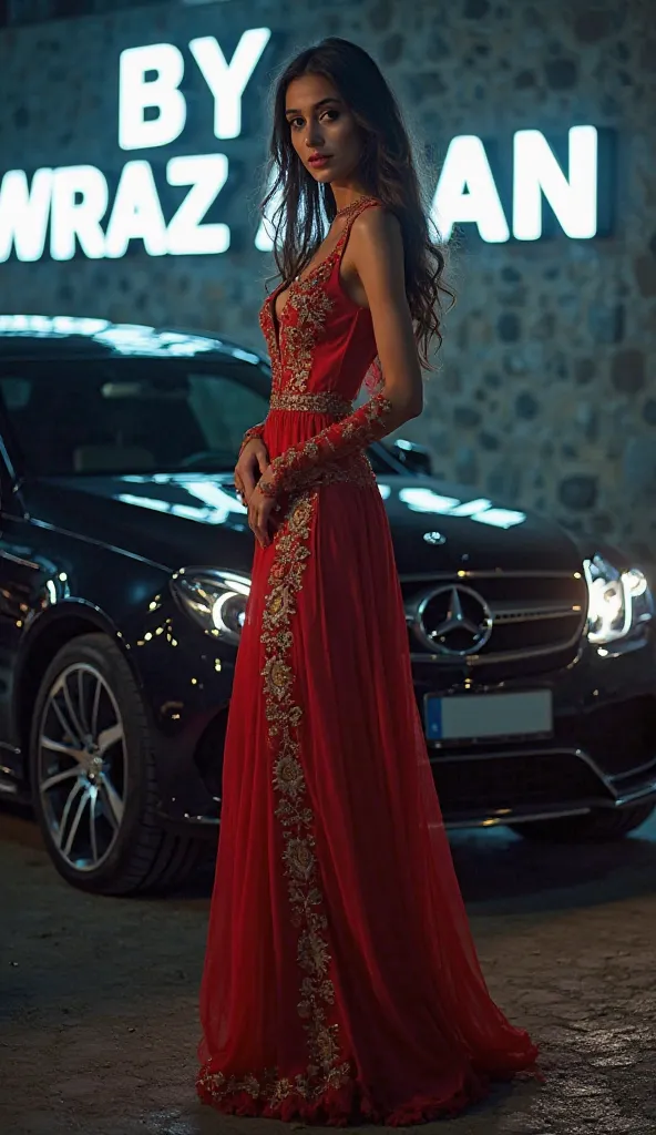 beautiful kurdish girl with mercedes benz e class 2014, on kurdish maxi dress, pear body shape, full body shot, The background features "BY HAWRAZ ALAN" in big and capital white neon light fonts on the wall, at night, hot body, 8k