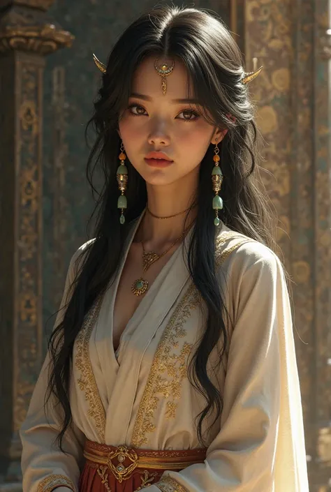 Young Asian woman,  long, dark hair like the night ,  with silver reflections that shine under the light of the moon . Golden eyes that seem to contain a stream of sand from time in their glow. medium height (1,67m), Slender and graceful. She dresses in li...