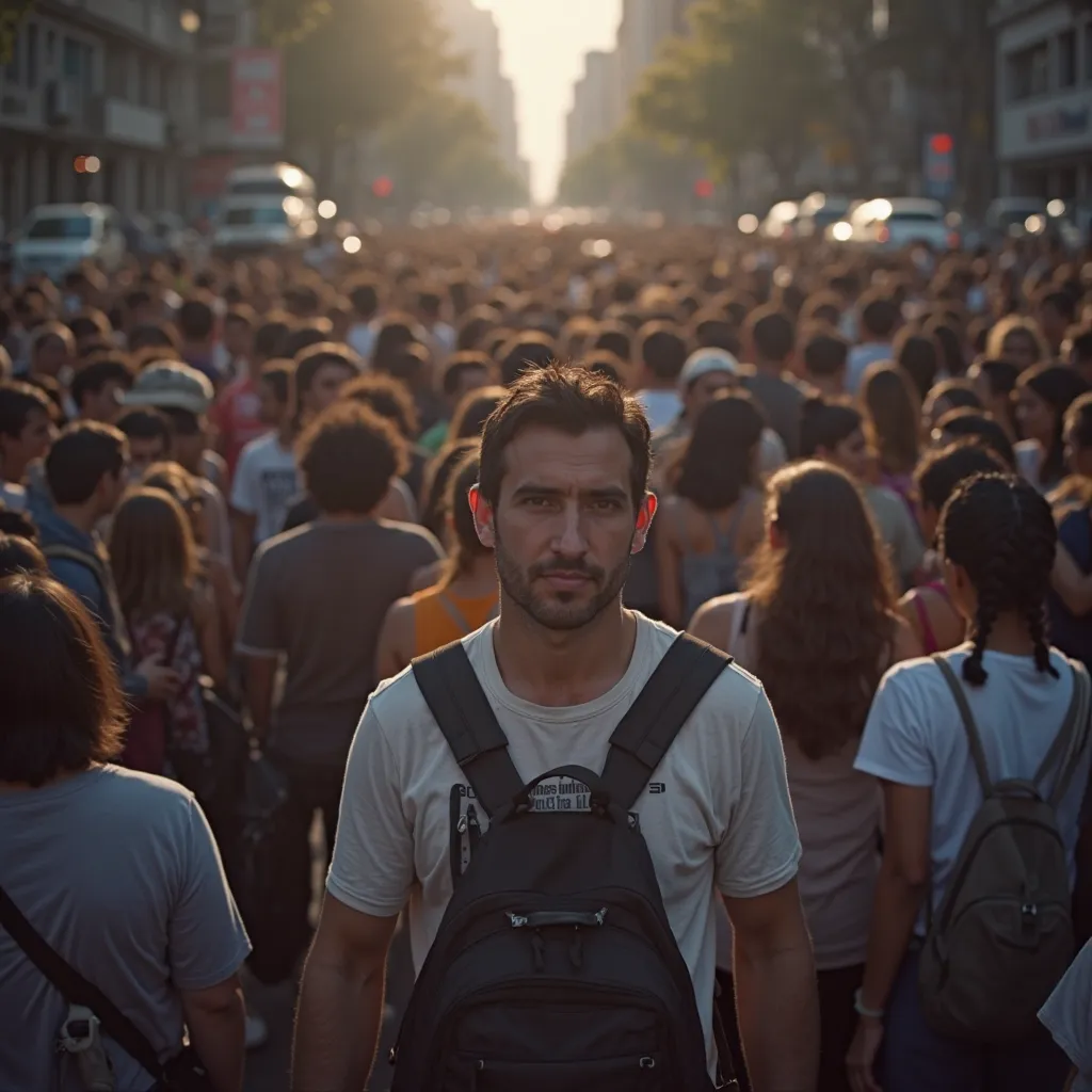 Real image of a crowd seen from above and slightly from the front in the city of São Paulo. In the midst of this crowd, Does a man stand out from the whole picture, making it as natural as possible and making it a more ordinary person.
