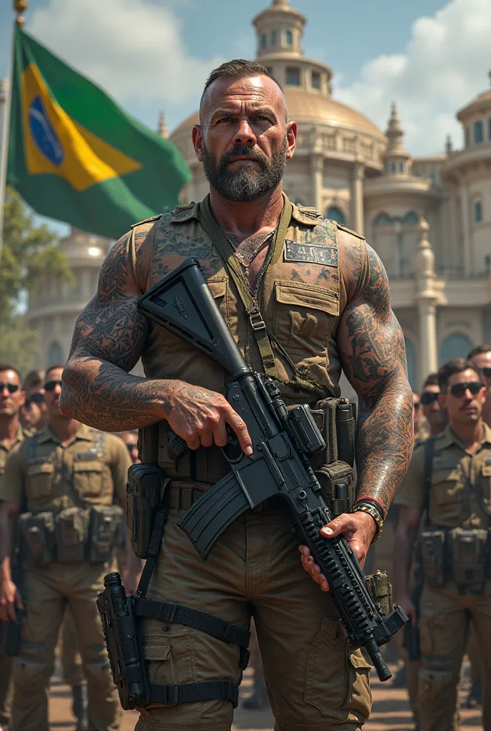 Create a realistic image of a federal general tattooed and armed with soldiers behind him armed with a mansion in the background with the Brazilian flag