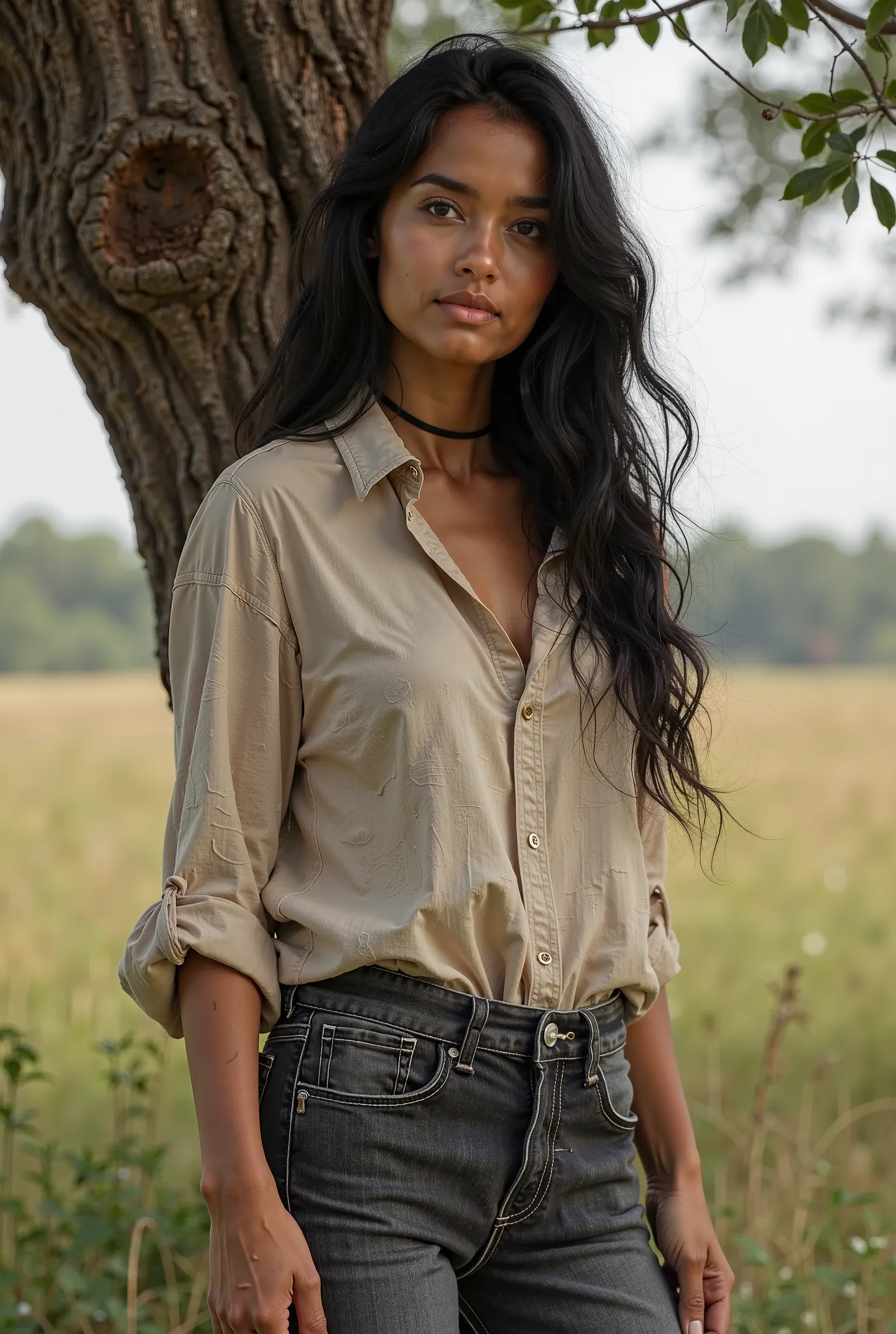 Create a model with black hair dressed in Country pants, Blouse inside in front of a tree with a pasture behind it 
