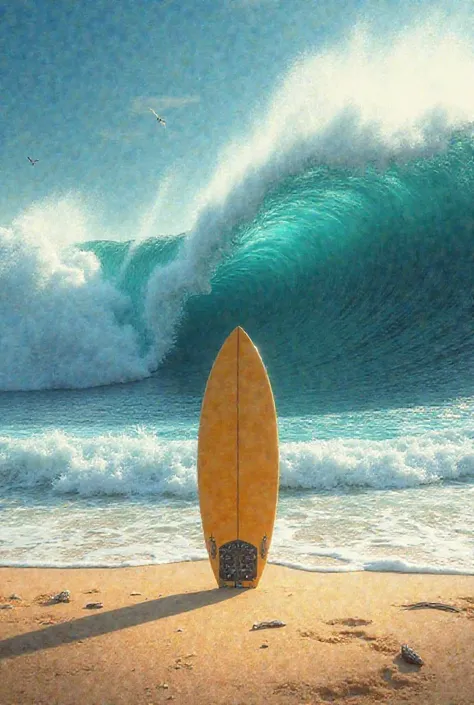 Image of the ocean with big waves and on the beach surfboard in a beautiful sunny day