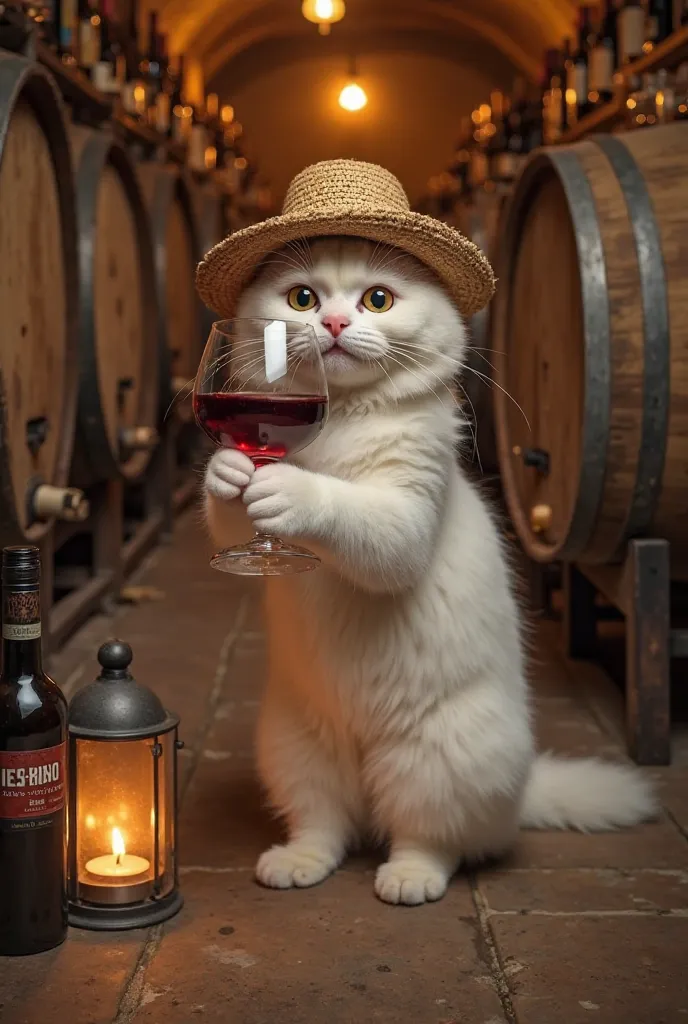 "A white-furred cat wearing a straw farmer’s hat, standing in a rustic wine cellar filled with wooden barrels and shelves of bottled wine. The cat is holding a wine glass filled with deep red wine, sipping it with a pleased expression. The lighting is warm...