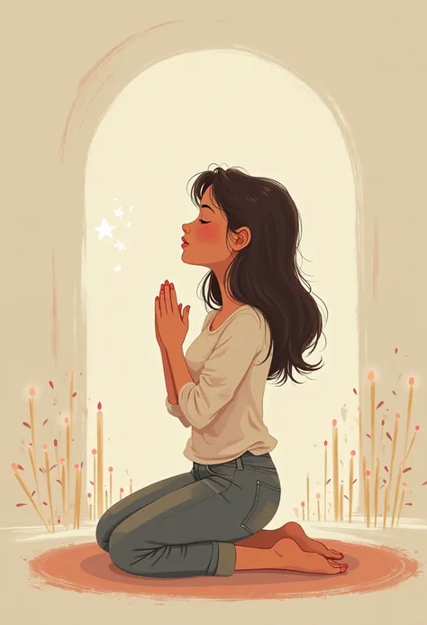 A person praying that person may be in cartoon format, she is kneeling asking God to hear her prayers 