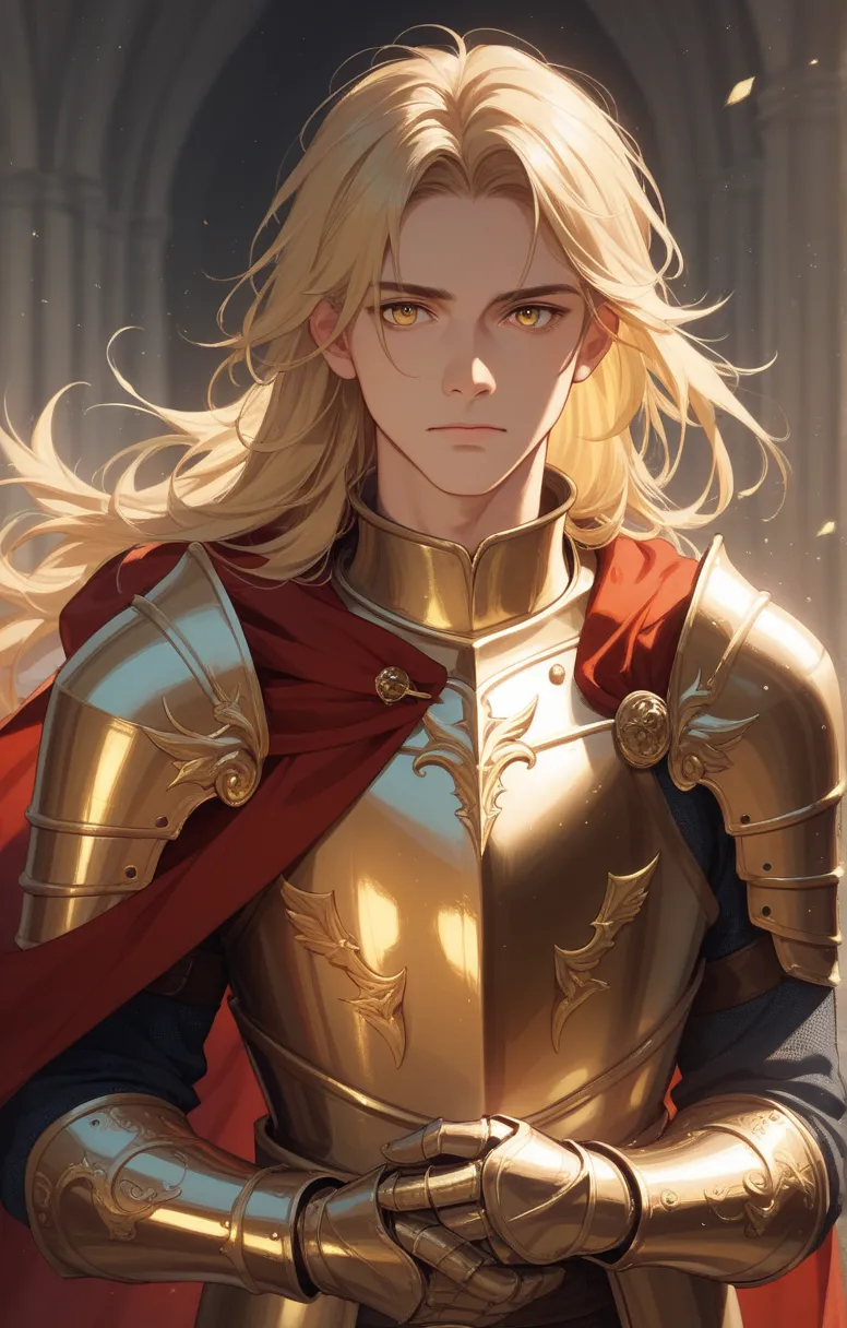 rating:safe, blonde hair, 1man, male focus, long hair, yellow eyes, golden eyes, solo, long sleeves, cape, knight, golden armour