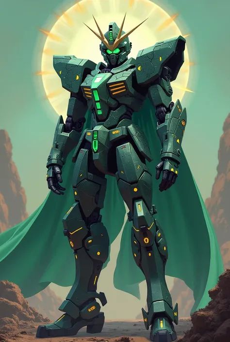 Sci-fi Knight gundam mecha with emerald and obsidian armor with radiant halo on the back with cape