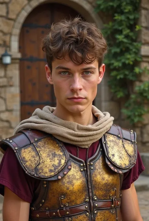 "A young man with short, wavy brown hair and piercing green eyes is dressed as a Roman soldier. He wears a burgundy tunic under a detailed, weathered leather cuirass with golden metal plates. A beige scarf is wrapped around his neck, adding to the historic...