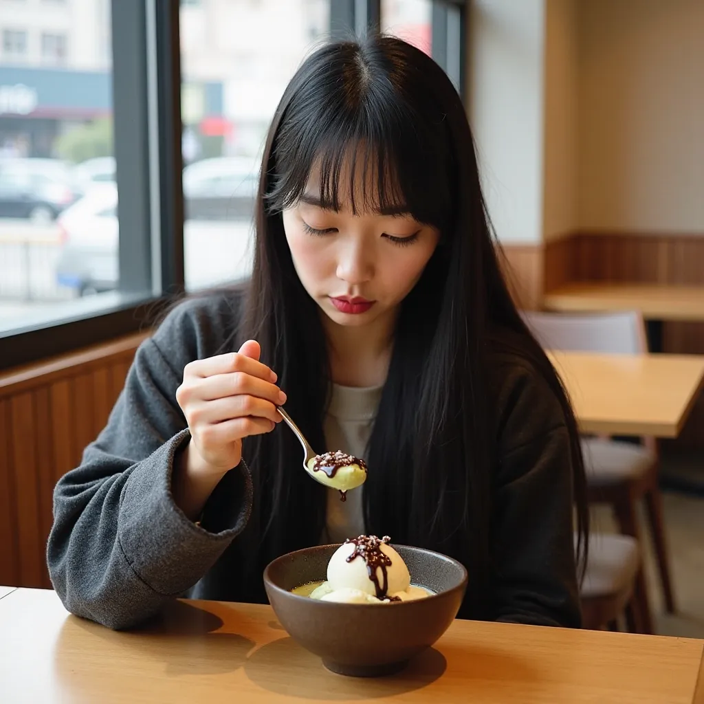 A young woman of East Asian ethnicity, likely in her late teens or early twenties, is seated at a table in a cafe. She has long, straight black hair with bangs, a light complexion, and is wearing a dark gray or black jacket. Her expression is focused, look...