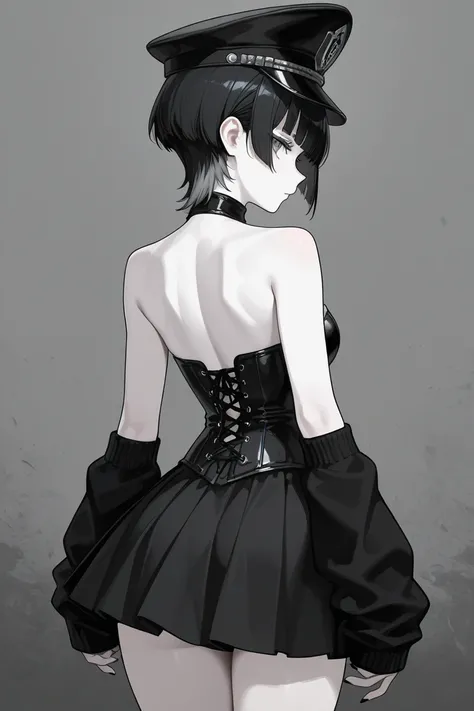 Amazing quality White skin tone black long wolfcut back hair with wolfcut bangs,grey eyes with a lot of details, black and white ghostly corset with a black skirt, black oversized warmers and a black goth captain hat as an accessory 