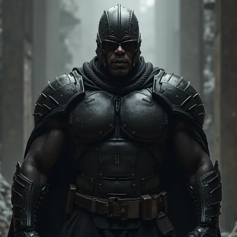 A black-skinned man wearing a black helmet  , And some black glasses and sharp teeth, with black armor and white arms,  of great stature 