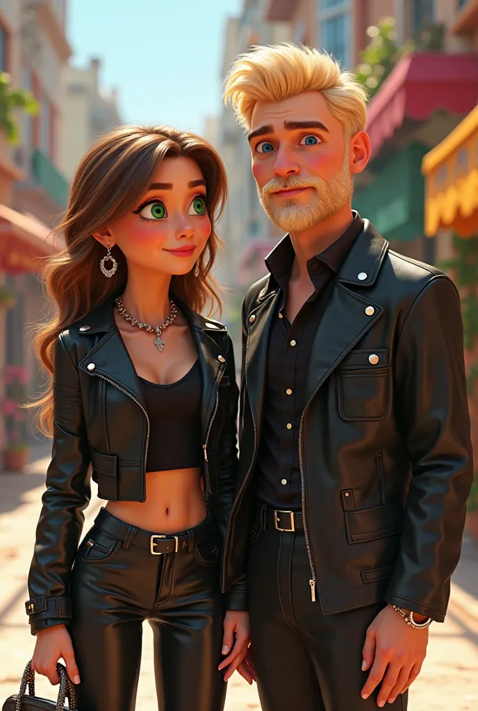  Pixar style cartoon , White woman light brown wavy hair, green eyes, Roqueiro Black Clothing,  White man, short blond hair,  blue eyes, barba loira, Roqueiro Black Clothing