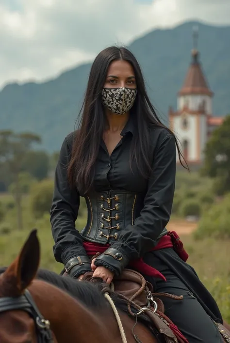 western,  18th century,  In the distance woman riding a horse, lace mask, church, Rio,  vegetation , mountain, woman with a calm face, Woman with straight black hair, with sword, woman with a red belt, She wears gloves ,  sneakers with black pants, she wea...