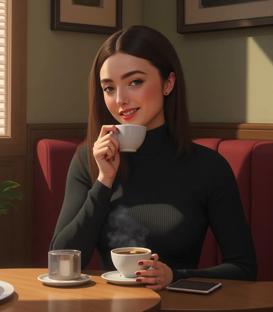 in a cafe wearing a turtleneck dress having a coffee. looking at the viewer smiling