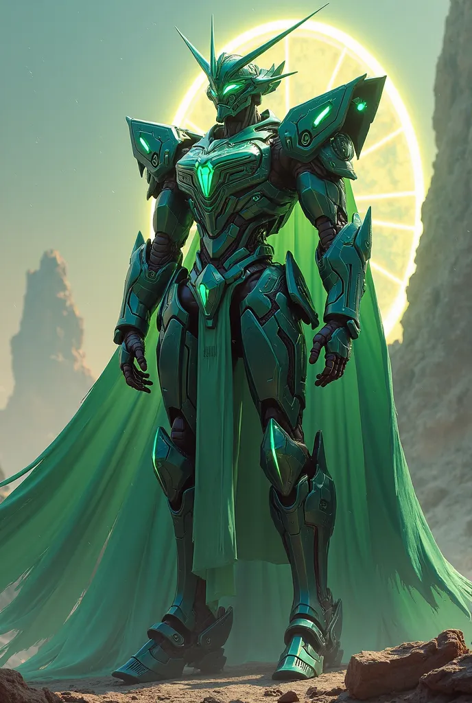 Sci-fi Knight gundam mecha with emerald and obsidian armor with radiant halo on the back with cape