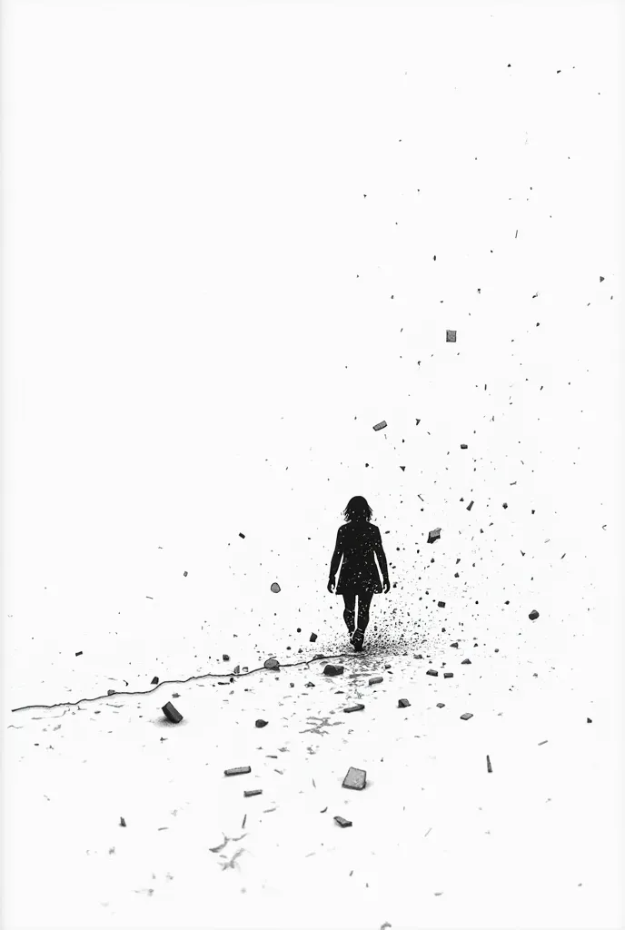 black and white drawing of A white space with small scattered lines, like the remains of something that broke into pieces. Between the fragments, the silhouette of the character advancing, barely perceptible.
