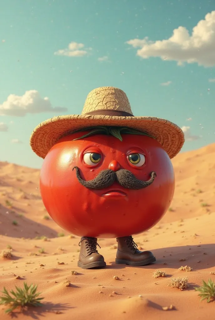 A tomato with a mustache in the desert in boots, And a straw hat, filled with sweat and with a thirsty face 