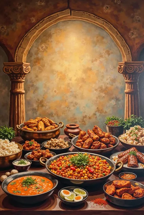 The size of the wall is 7feet width and 14feet height create a wonderful Wall painting for non veg hotel , non veg items, chicken masala, kabab, grill, mutton, and mutton fry and ragi mudhe and chapati and roti and all non veg items 