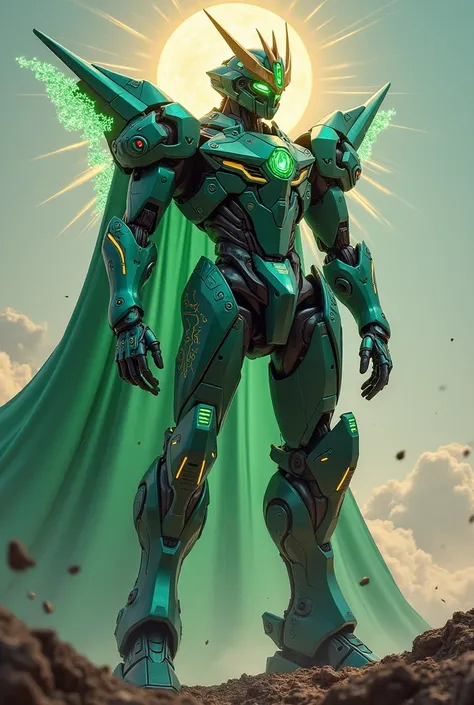 Sci-fi Knight gundam mecha with emerald and obsidian armor with radiant halo on the back with cape