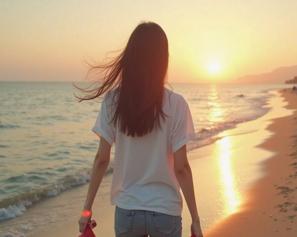 Japanese Female，white t-shirt. denim jeans、
 barefoot，I have red high heels on my hands、
非常にslim body、long black hair、 hair is fluttering in the wind、
back view of her walking on the beach、
 she says 寂しげな雰囲気、
 she says 、I'm opening the car door and walking...