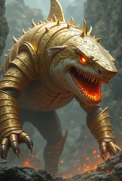 A shark in gold armor, muscular with fire in his eyes 