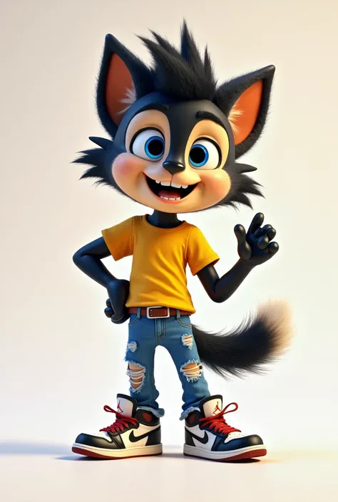 ** *"A 3D mascot character of an anthropomorphic feline , friendly, Charismatic and Happy.  wearing a three-dimensional , slightly leaning forward with spiky hair.  dressed in a t-shirt , ripped blue jeans with knee details and Air Jordan sneakers . The ch...