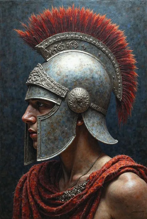 Oil painting of a silver Korinthian helmet with a carved moon in it.