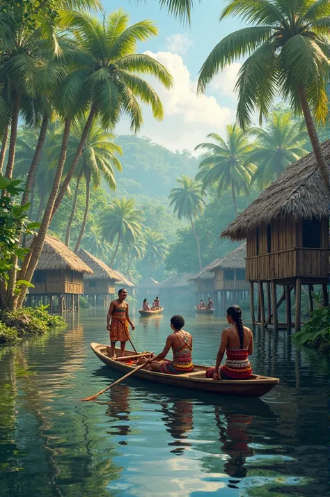 Make an art of Amazon riverbanks in canoes near wooden stilt houses 
