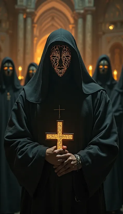 A masked figure in traditional clerical robes stands in a dimly lit chamber, holding an upside-down crucifix that glows faintly. The mask is featureless except for glowing cracks that resemble a spiderweb. Behind them, faint shadows of other figures move i...