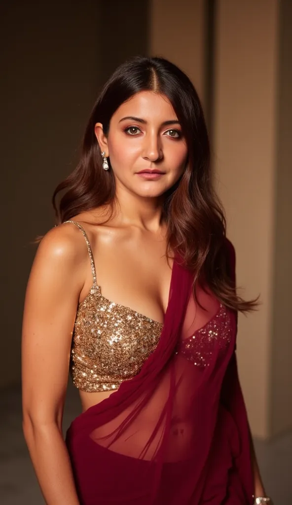 Generate a close up front image of a woman in a maroon fully transparent sleeveless saree. The blouse is golden colour with mirror sequins. It has no sleeves and has a golden satin finish with spaghetti straps. The woman is giving a sexy, seductive and bol...