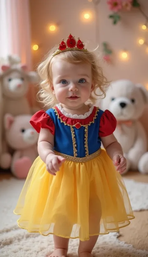 "An adorable baby with blue eyes, dressed like Snow White, Dance merrily in a cozy room with decor . With her beautiful little blue dress, red and yellow, and a delicate red tiara in her hair, she moves full of enchantment and joy. The room, decorated with...