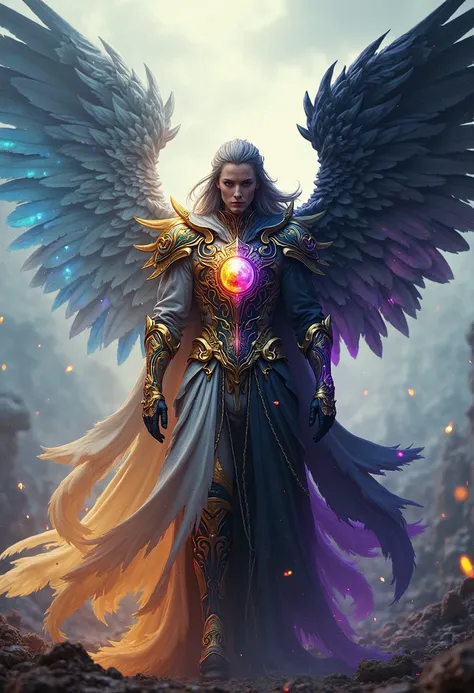 Create a character that embodies the perfect balance between light and darkness, combining celestial elegance with mysterious allure. This guardian of equilibrium exudes both majesty and intimidation.

Outfit:

A layered ensemble that blends golden-blue ar...