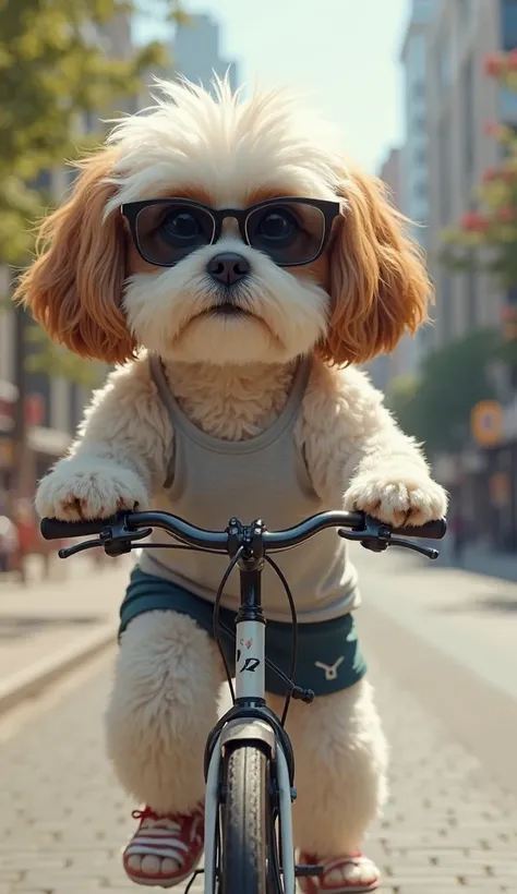 Cute  Shih Tzu female dog with long white fur, caramel ears, with a human posture wearing dark glasses, dressed in gym clothes riding a bike.