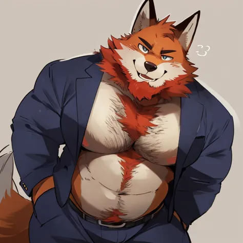 fox, furry, orange fur, handsome, very muscular, very big, extremely hot and sexy, beard, hair, chest hair, charming eyes, solo, male, happy expression, daddy, full body, big body, clothes, middle aged, by hyaku, by darkgem, by glitter trap boy