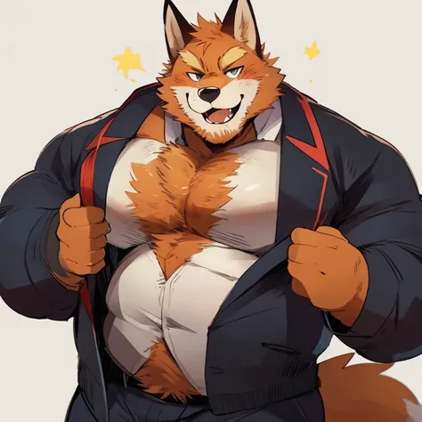 fox, furry, orange fur, handsome, very muscular, very big, extremely hot and sexy, beard, hair, chest hair, charming eyes, solo, male, happy expression, daddy, full body, big body, clothes, middle aged, by hyaku, by darkgem, by glitter trap boy