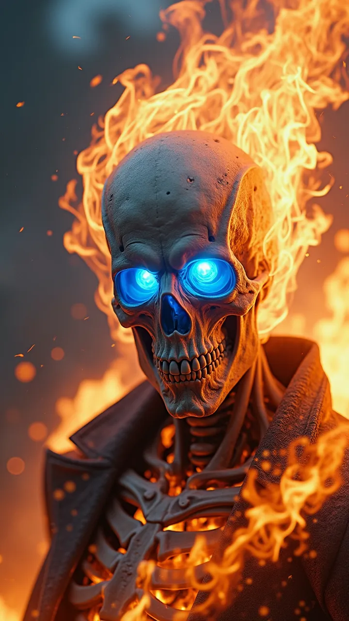 Very intricate highly detailed 8k ultra-high definition cinema lighting ghost rider with blue flaming eyes looking at the camera as a selfie flames in background